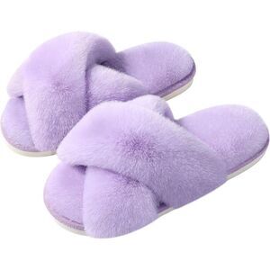 Women's Fuzzy Slippers Cross Band Lavender Memory Foam House Slippers Open Toe
